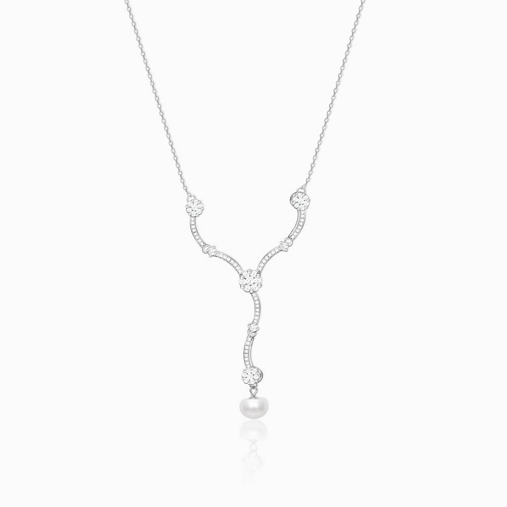 925 Silver Curved Pearl Flower Necklace : PD0427