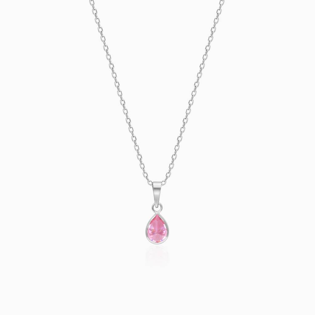 Silver Pink Drop Pendant With Link Chain : PD0446