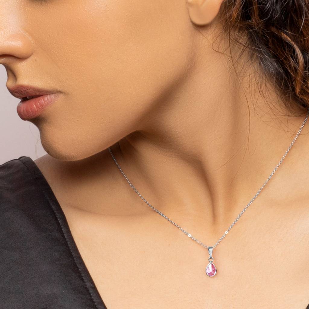Silver Pink Drop Pendant With Link Chain : PD0446