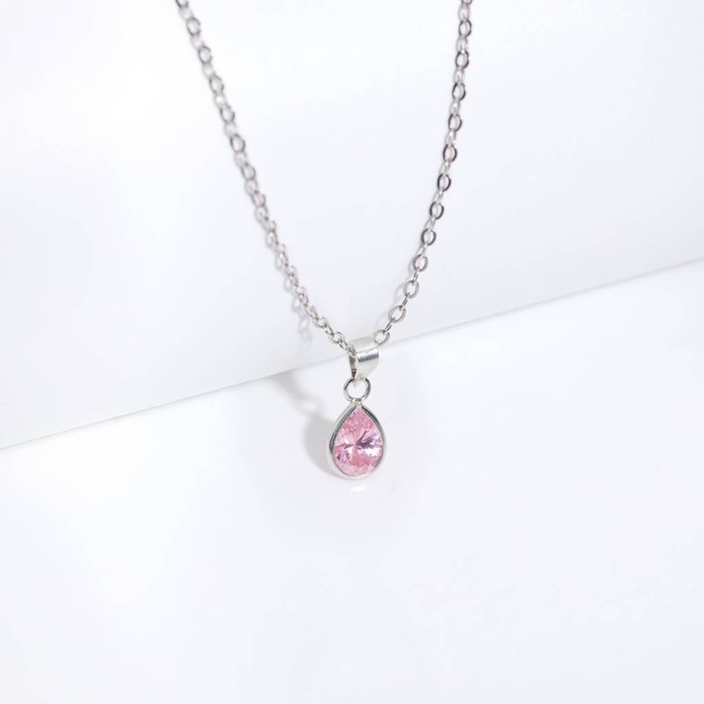 Silver Pink Drop Pendant With Link Chain : PD0446