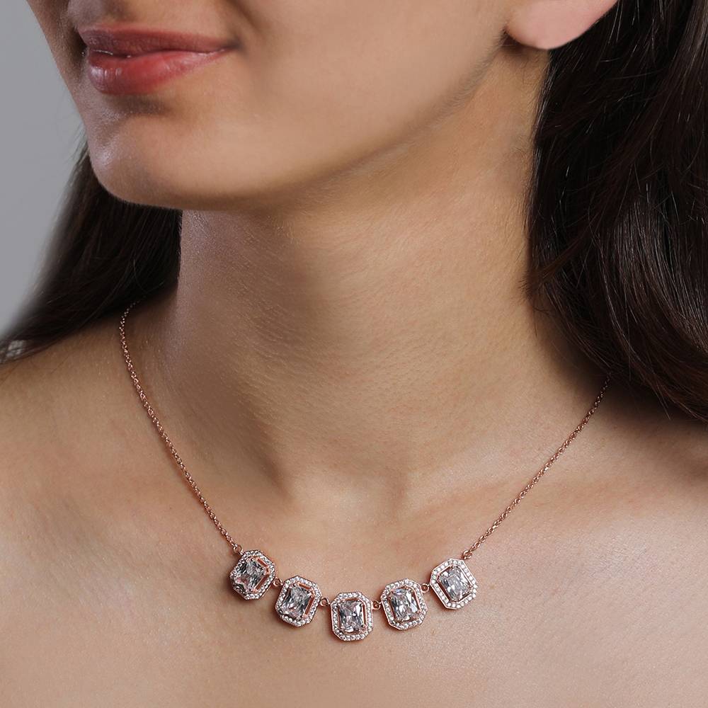 Silver Rose Gold Baguette Bunch Necklace : PD0449