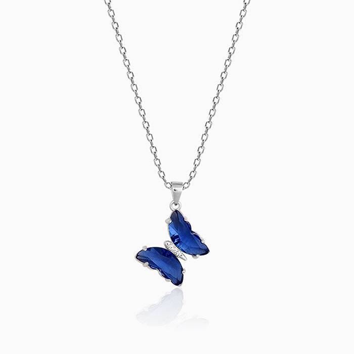 Silver Midnight Blue Butterfly Pendant With Link Chain : PD0488