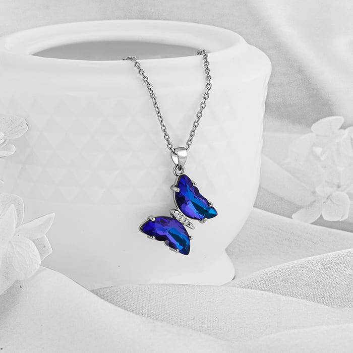 Silver Midnight Blue Butterfly Pendant With Link Chain Silver