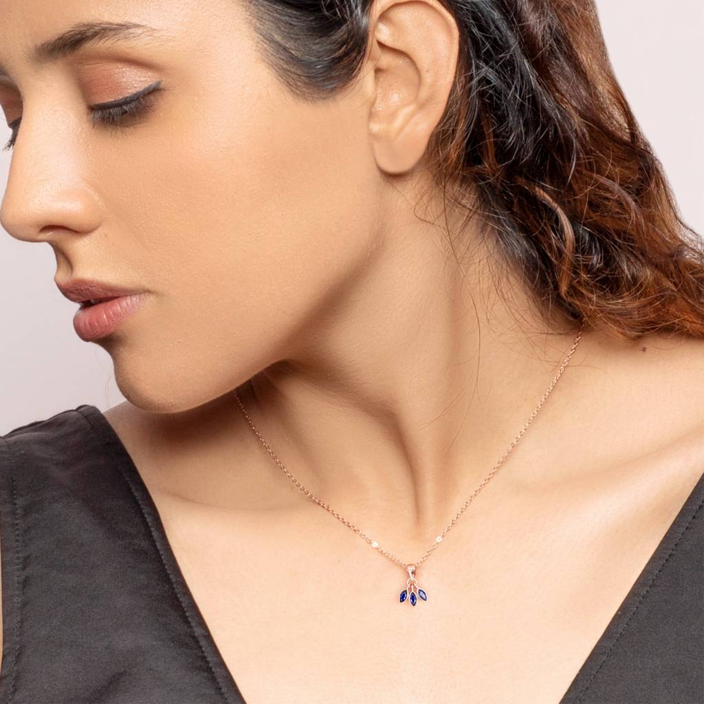 Rose Gold Triple Blue Clover Pendant With Link Chain : PD0495