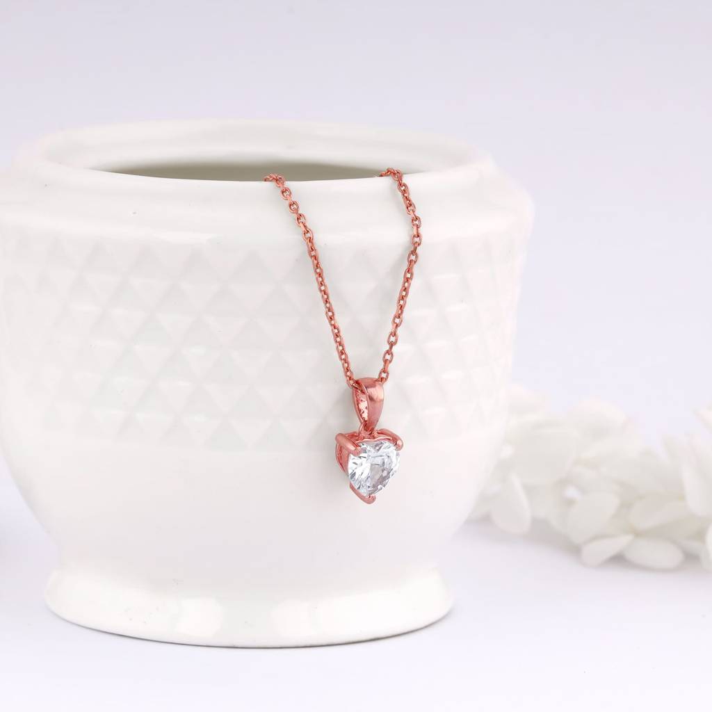 Rose Gold Solitaire Heart Pendant With Link Chain Sterling Silver  Adjustable Rose Gold