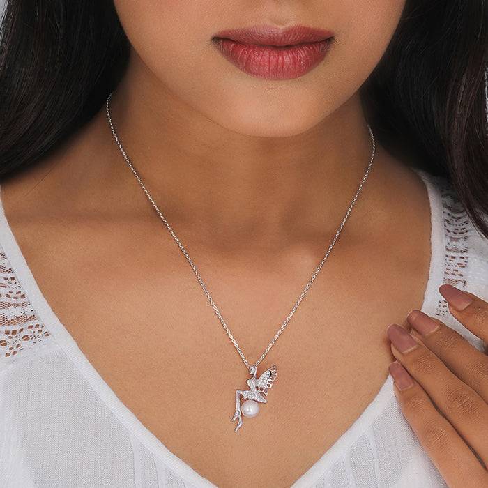 Silver Love Angel Pearl Pendant With Link Chain : PD0577