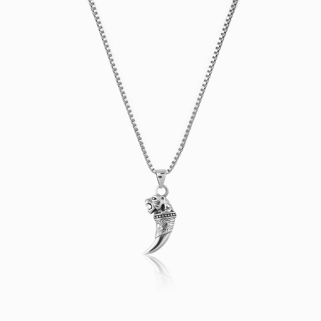 Silver Tiger Tooth Pendant With Link Chain For Him : PD0716