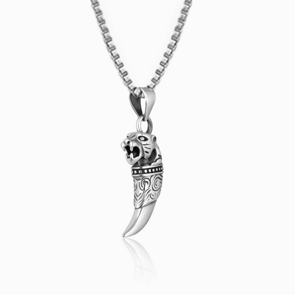 Silver Tiger Tooth Pendant With Link Chain For Him : PD0716