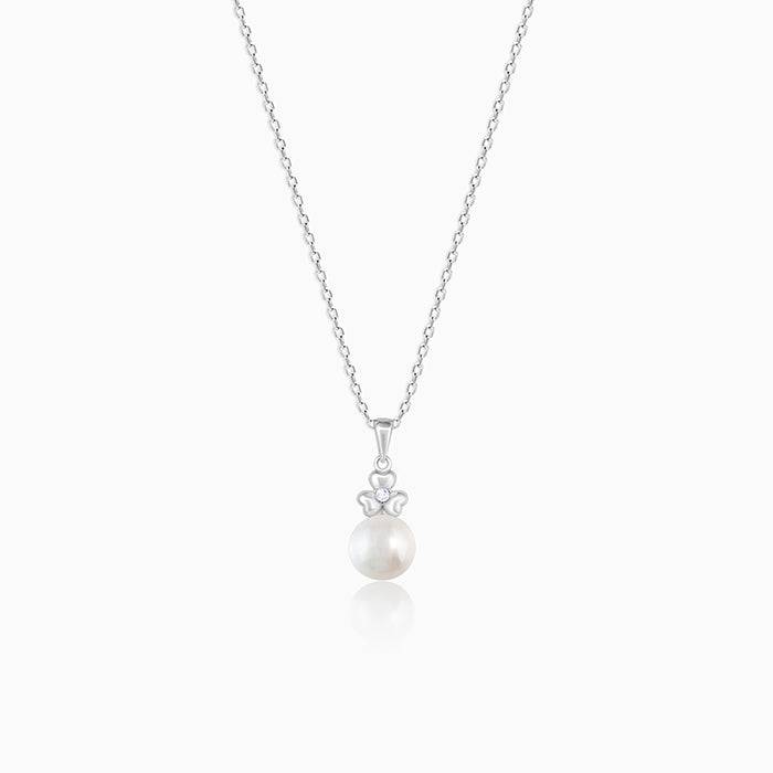 Silver Pansy Pearl Pendant With Link Chain : PD0793