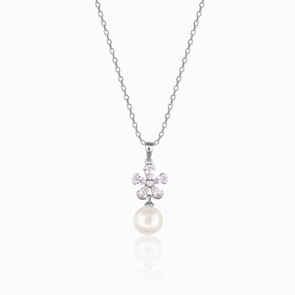 Silver Snowdrop Pearl Pendant With Link Chain : PD0797