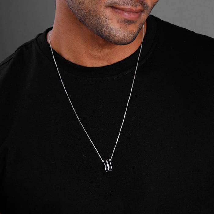 Silver Bold Black Pendant With Box Chain For Him : PD0860