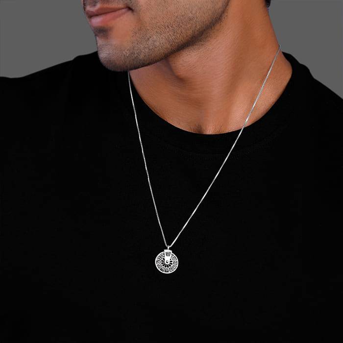 Oxidised Silver Zodiac Spin Pendant With Box Chain For Him : PD0864