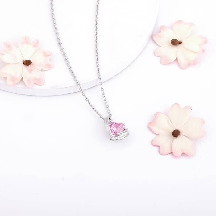 Silver Pink Angel Wings Of Protection Necklace : PD0999