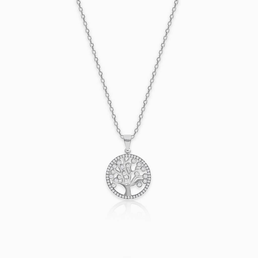 Silver Zircon Tree Of Life Pendant With Link Chain : PD0158