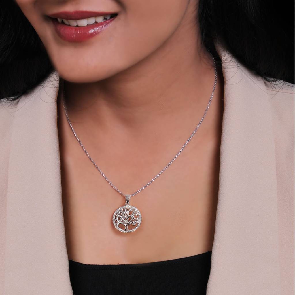 Silver Zircon Tree Of Life Pendant With Link Chain : PD0158