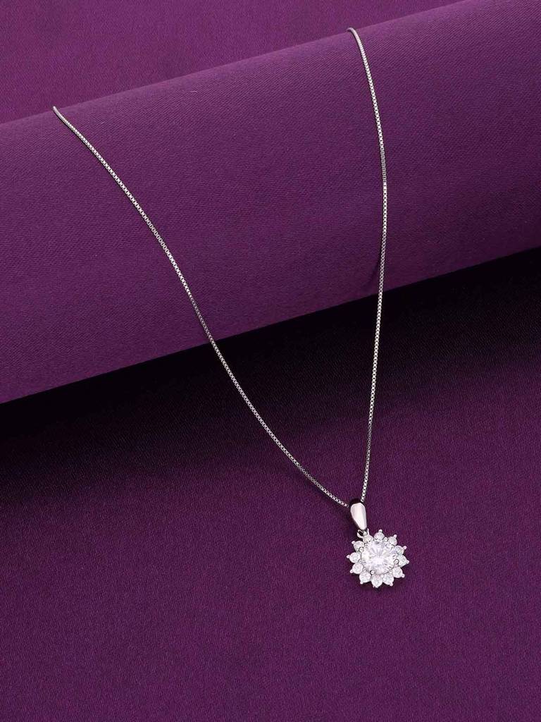 Sterling Silver Floral Solitaire Pendant With Chain : PDCS106-S-NA