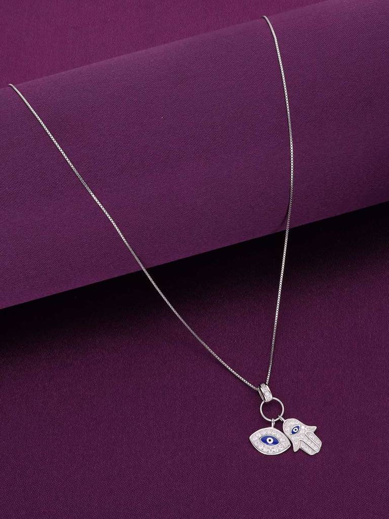 Sterling Silver Stylish Zircon Evil Eye & Hamsa Casual Pendant With Chain : PDCS40-S-NA