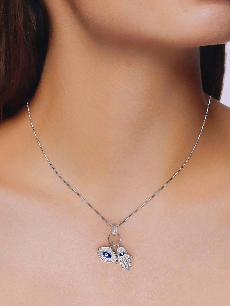 Sterling Silver Stylish Zircon Evil Eye & Hamsa Casual Pendant With Chain : PDCS40-S-NA