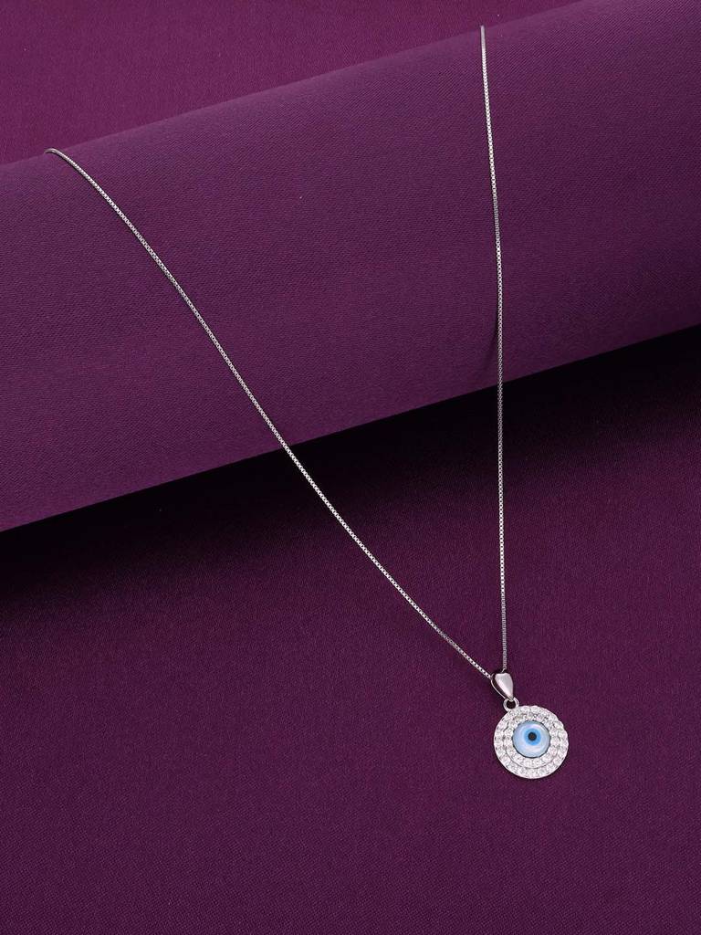 Sterling Silver Circular Pave Diamond Evil Eye Pendant With Chain : PDCS66-S-NA