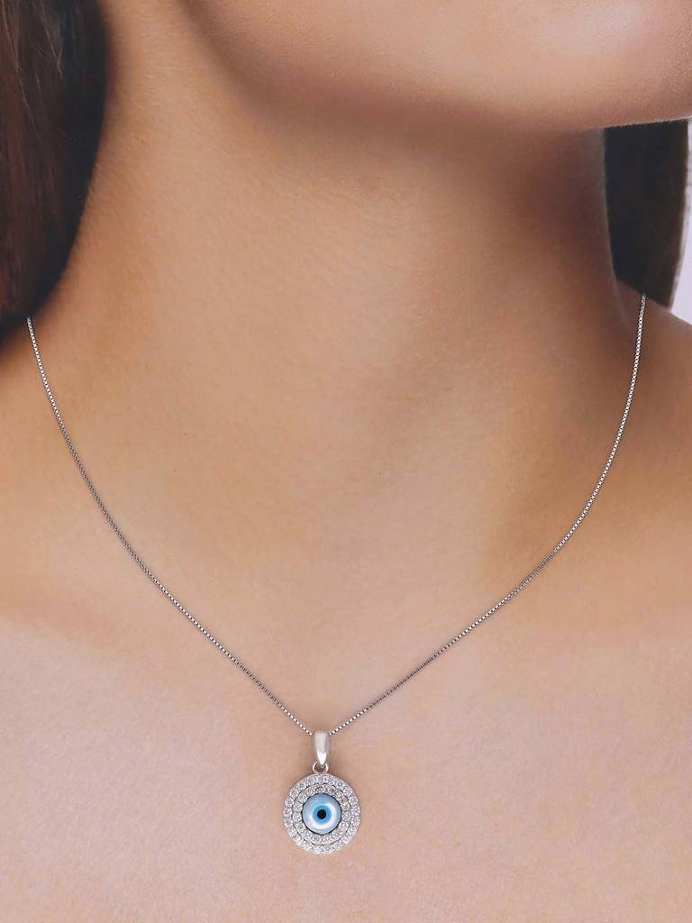 Sterling Silver Circular Pave Diamond Evil Eye Pendant With Chain : PDCS66-S-NA