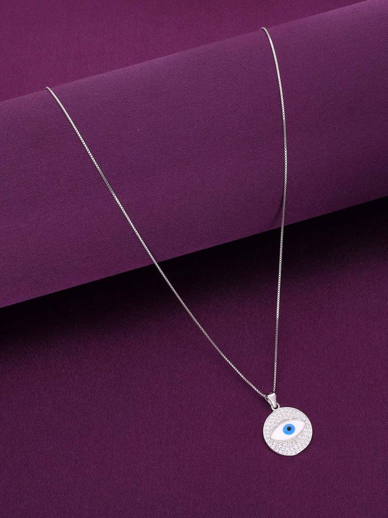Sterling Silver Stylish Diamond Studded Evil Eye Pendant With Chain : PDCS68-S-NA