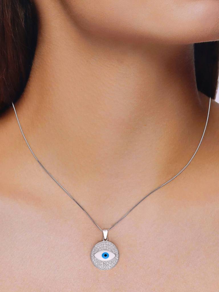 Sterling Silver Stylish Diamond Studded Evil Eye Pendant With Chain : PDCS68-S-NA