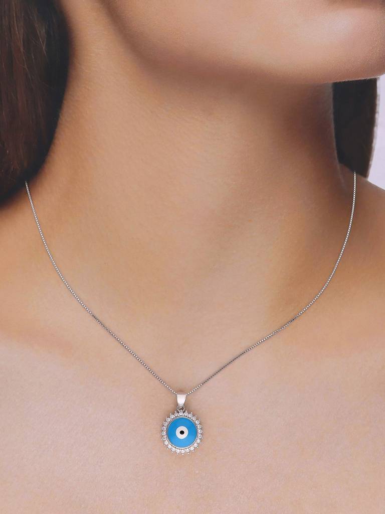 Sterling Silver Zircon Big Evil Eye Pendant With Chain : PDCS70-S-NA