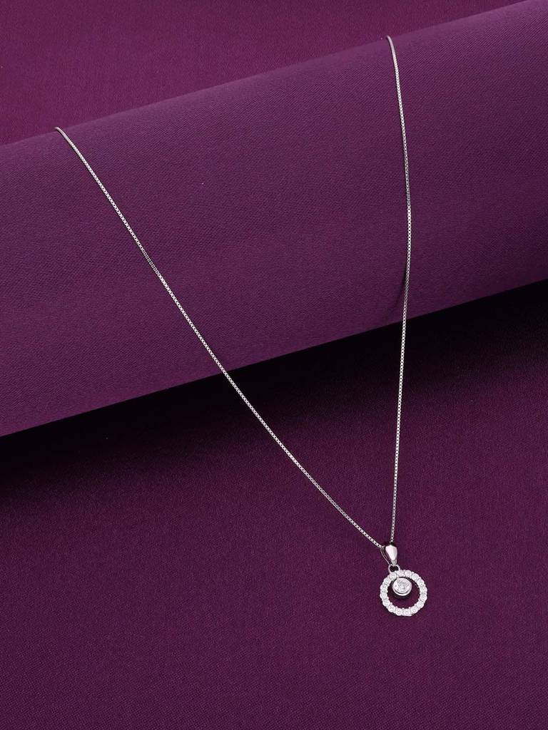 Sterling Silver Minimal Round Crystals Casual Pendant With Chain : PDCS78-S-NA