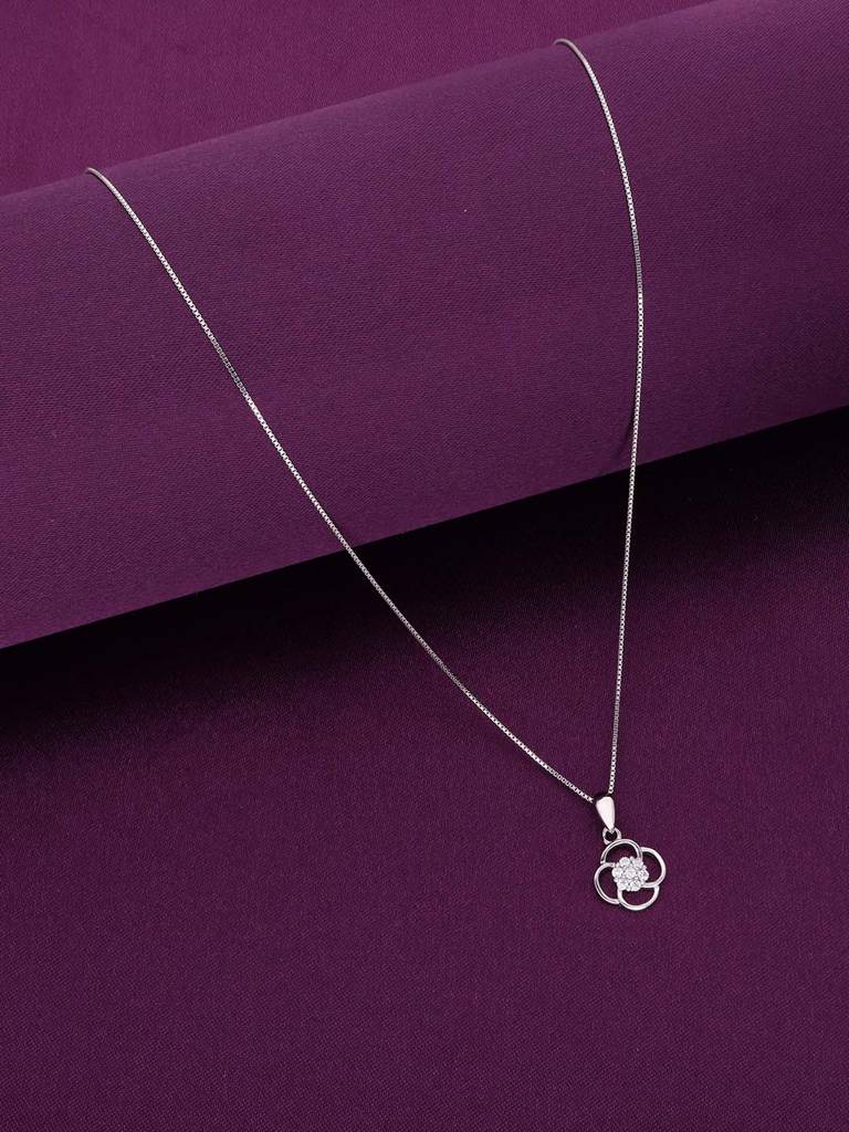 Sterling Silver Floral Studded Pendant With Chain : PDCS92-S-NA