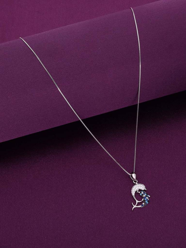 Sterling Silver Dolphin Studded Pendant With Chain : PDCS96-S-NA