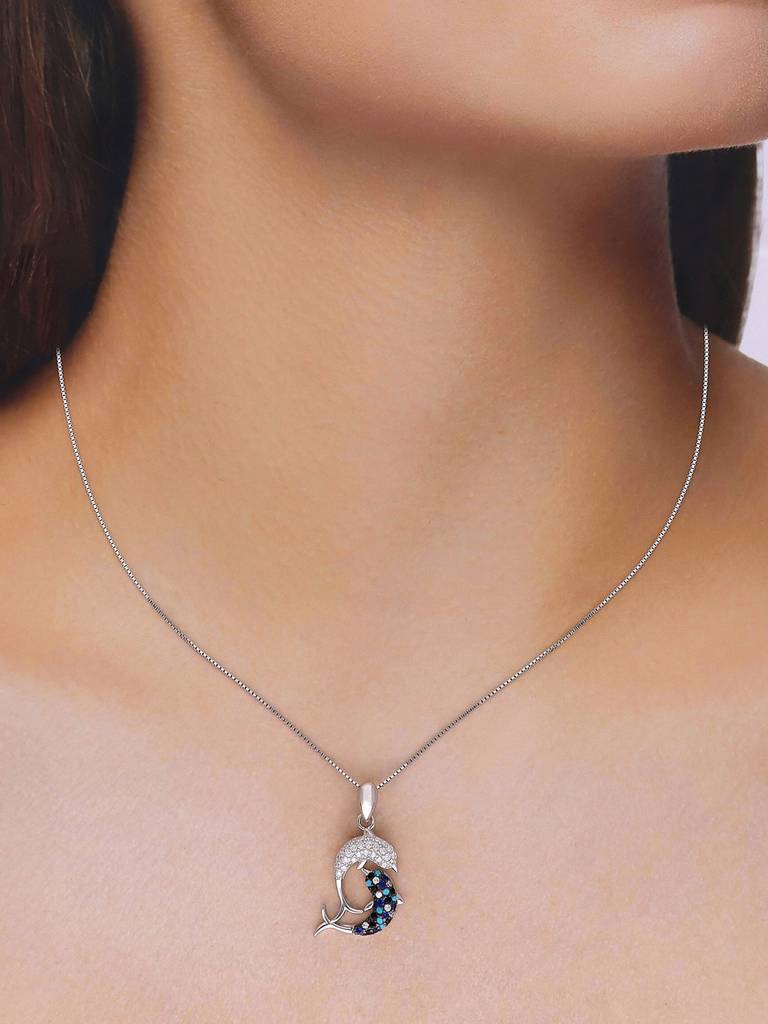 Sterling Silver Dolphin Studded Pendant With Chain : PDCS96-S-NA