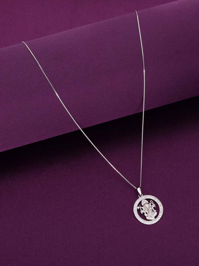 Sterling Silver Zircon Studded Ganesha Pendant With Chain : PDDV10-S-NA