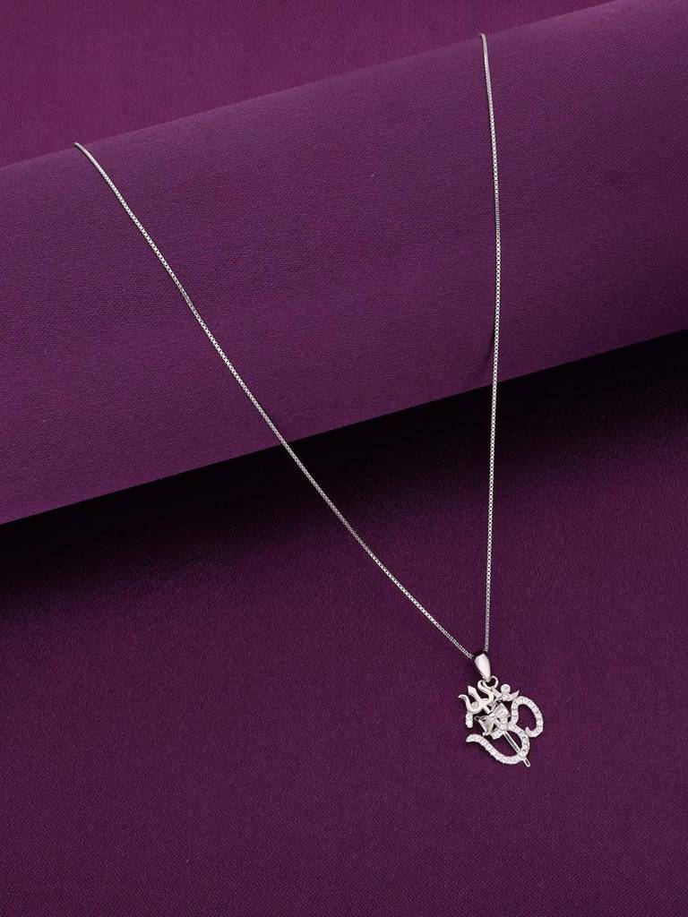 Sterling Silver Zircon Studded Om & Trishul Pendant With Chain : PDDV13-S-NA