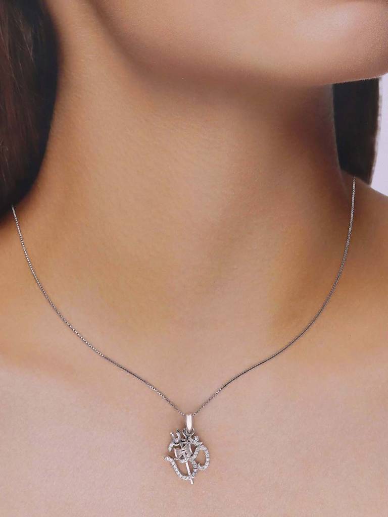 Sterling Silver Zircon Studded Om & Trishul Pendant With Chain : PDDV13-S-NA