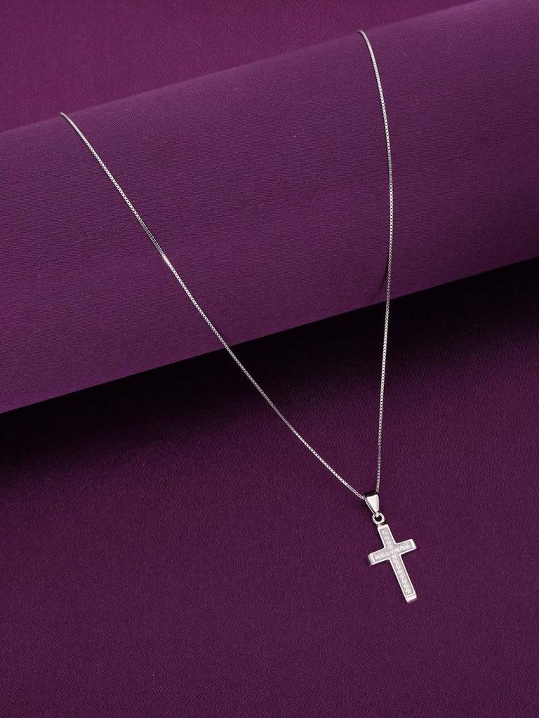 Sterling Silver Sparkling Edgy Zircon Cross Divine Pendant With Chain : PDDV2-S-NA