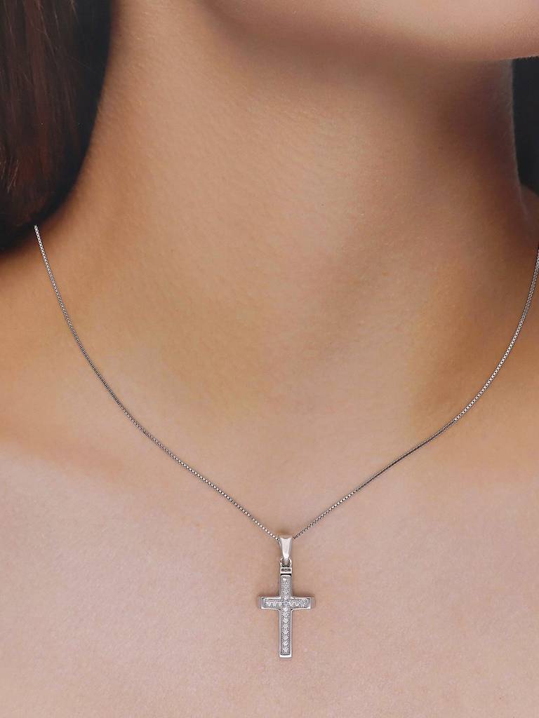 Sterling Silver Sparkling Edgy Zircon Cross Divine Pendant With Chain : PDDV2-S-NA