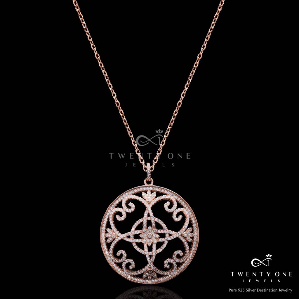 Rose Gold Finish Crysta Premium Pendant With Chain On Pure 925 Silver : TP5334