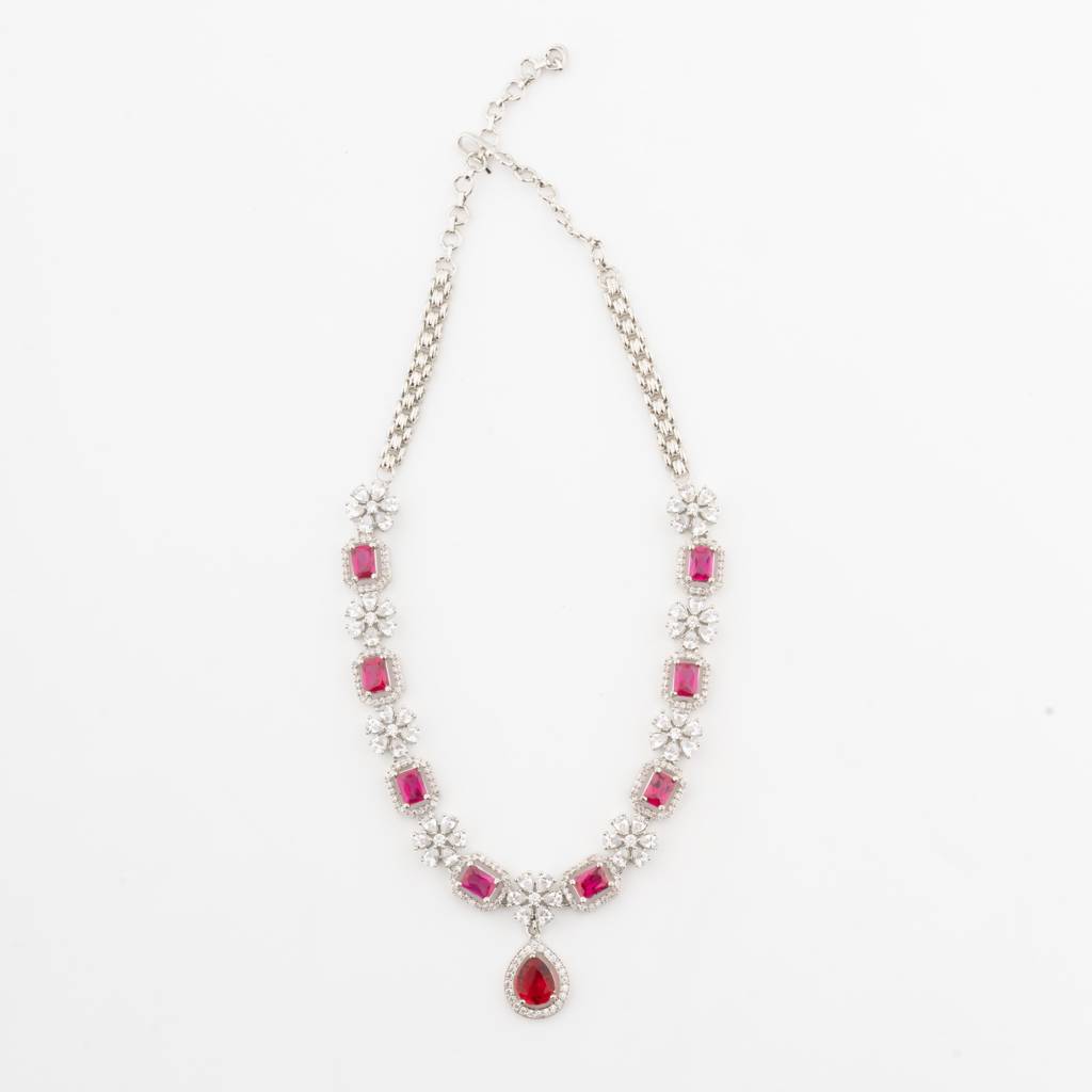White-Finished Zircon Necklace Set- Pink : VN703