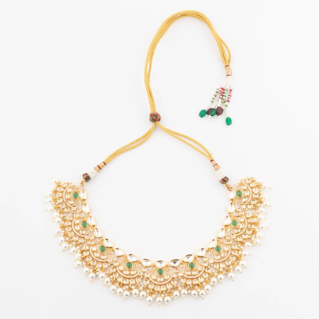 Kundan Polki With Green Synthetic Stone & Pearl Choker Necklace Set : VN355