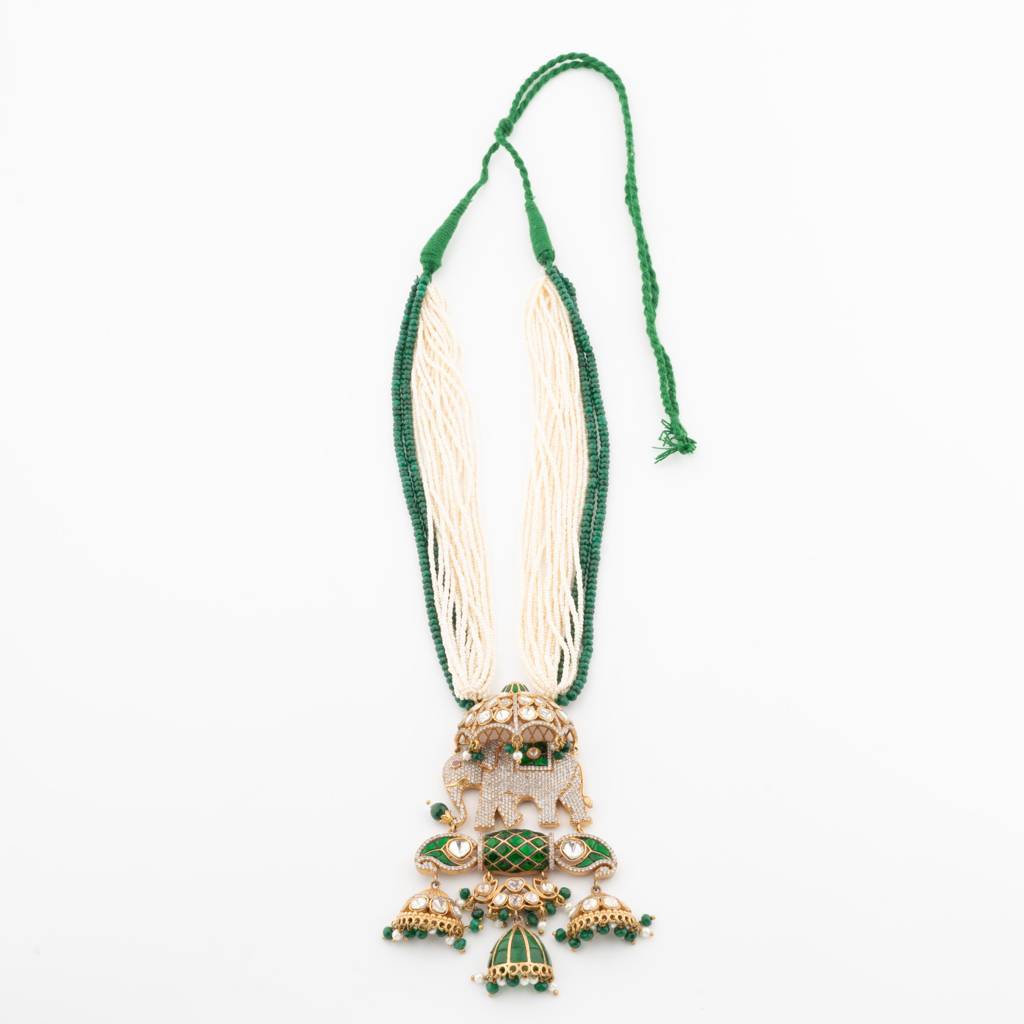 Gold Finish Green Beaded & Kundan Polki Long Pendant Necklace Set : VN139