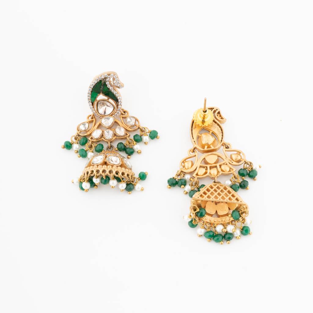 Gold Finish Green Beaded & Kundan Polki Long Pendant Necklace Set : VN139