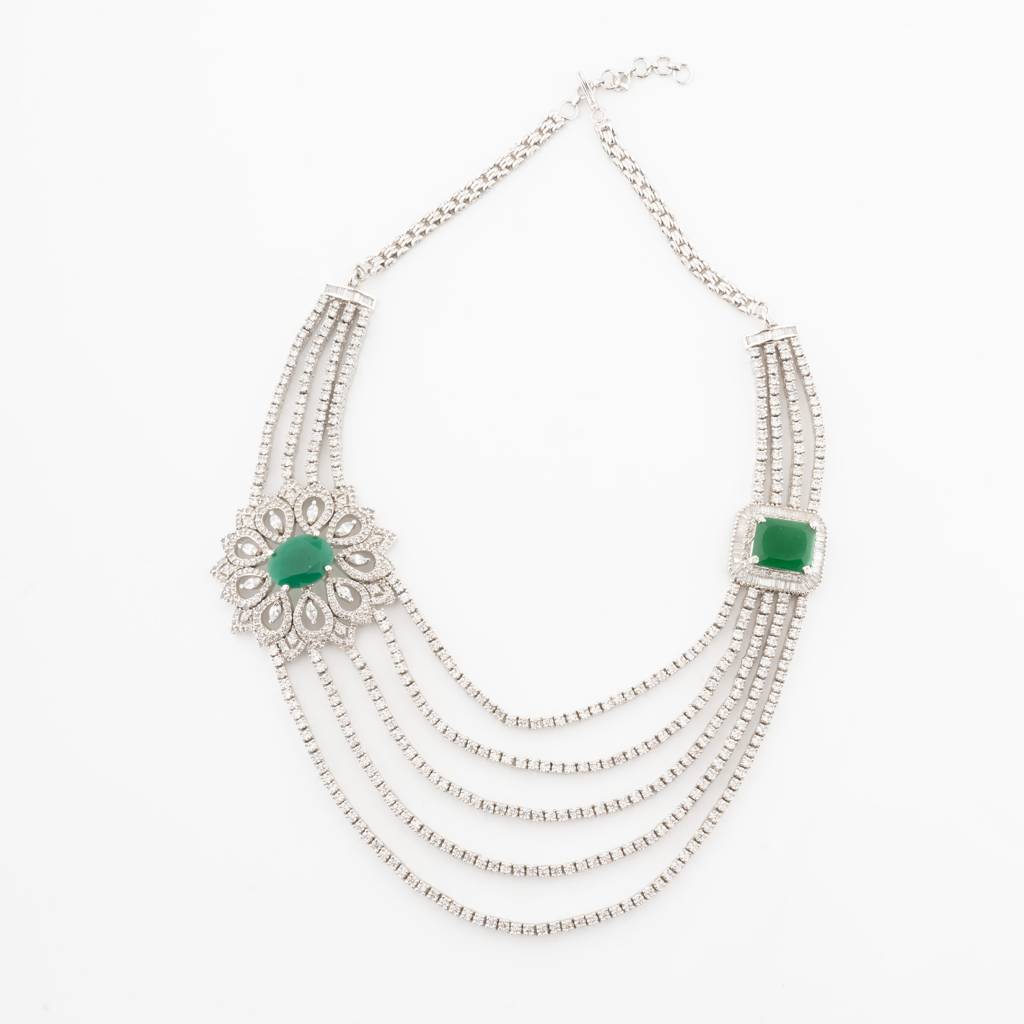 White-Finished Zircon Necklace Set- Silver & Blue : VN537
