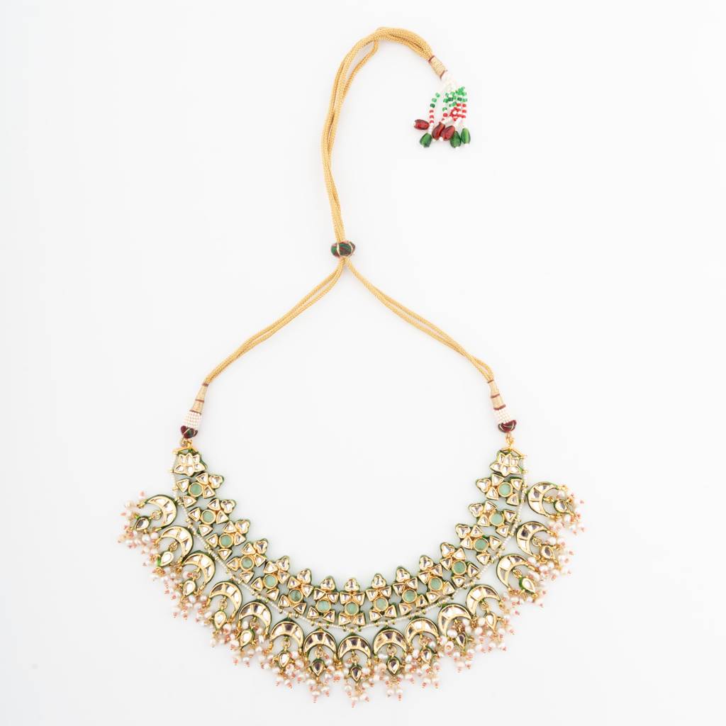 Meenakari Kundan With Beads Drop Choker Necklace & Jhumka Earrings Set : VN605