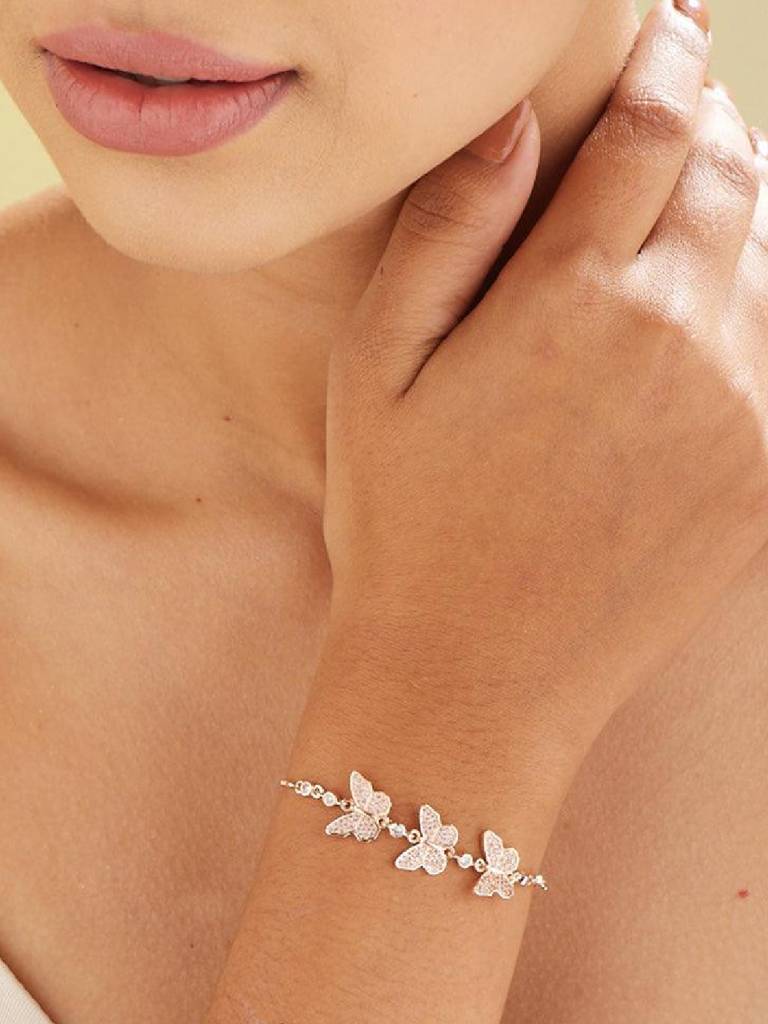 Women Rose Gold White Crystals Rose Gold-Plated Charm Bracelet : PM-BRACELETS-002