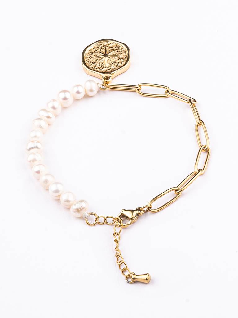 Women Gold-Toned White Pearls Gold-Plated Wraparound Bracelet : PM-BRACELETS-031