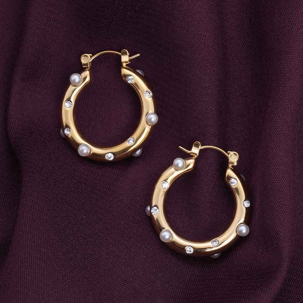 Palmonas 18K Gold Plated Diamond Pearl Studded Hoop Earrings For Womens Waterproof & Anti-Tarnish : PM-EARRINGS-062