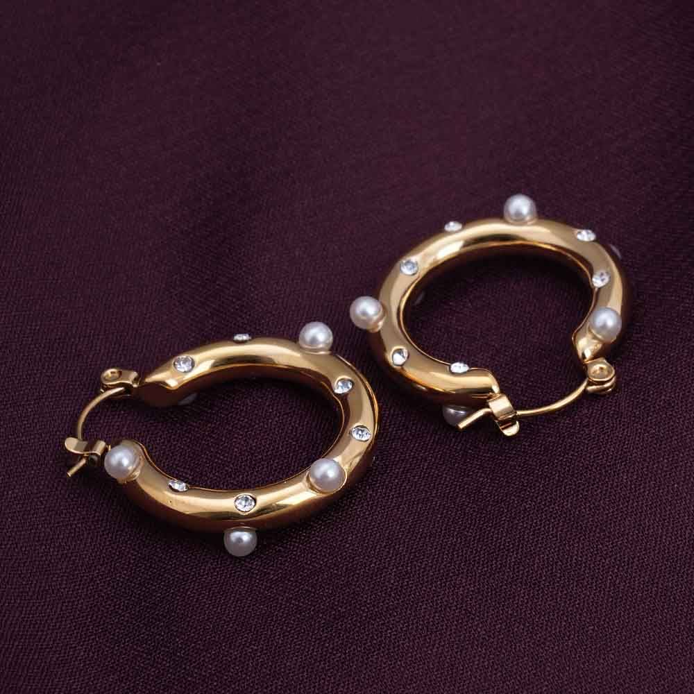 Palmonas 18K Gold Plated Diamond Pearl Studded Hoop Earrings For Womens Waterproof & Anti-Tarnish : PM-EARRINGS-062