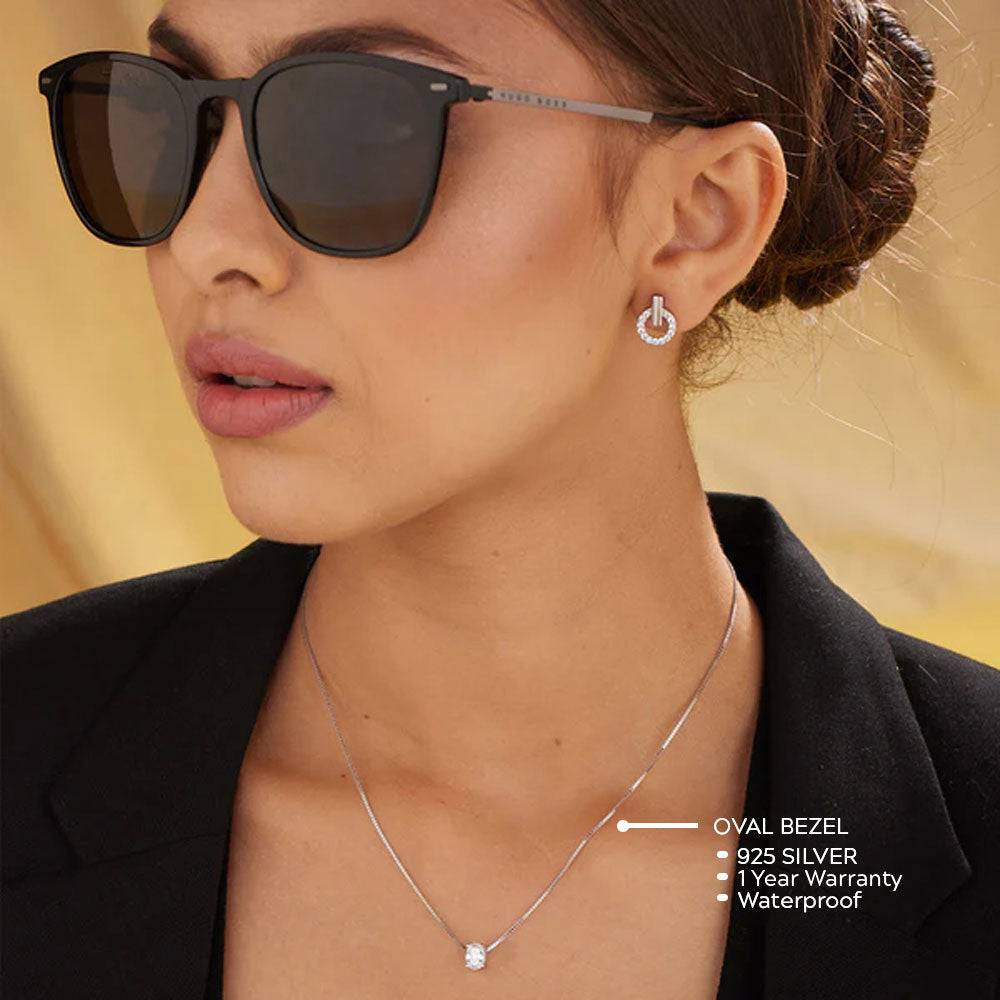 925 Sterling Silver Oval Bezel Necklace : PM-NECKLACE-006