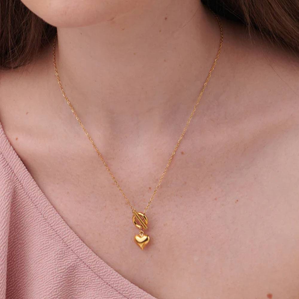 Palmonas 18K Gold Plated Ridge Heart T-Bar Necklace For Womens Waterproof & Anti-Tarnish : PM-NECKLACE-086