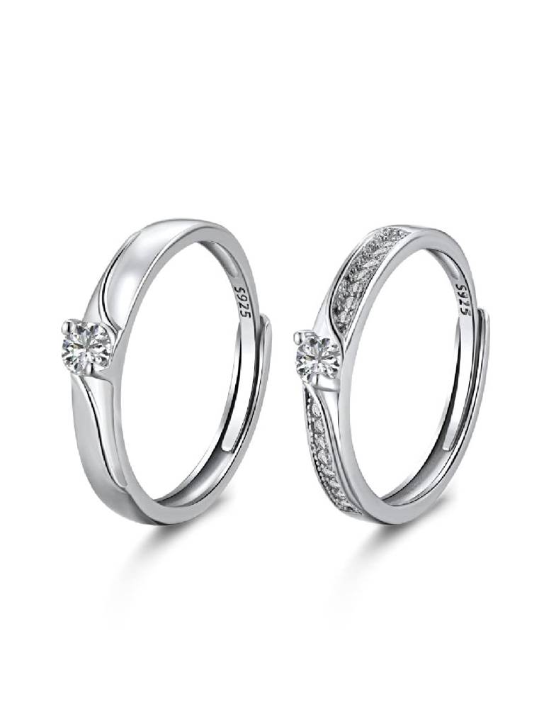Set Of 2 925 Sterling Silver -Studded Couple Finger Ring : PM-RING-002